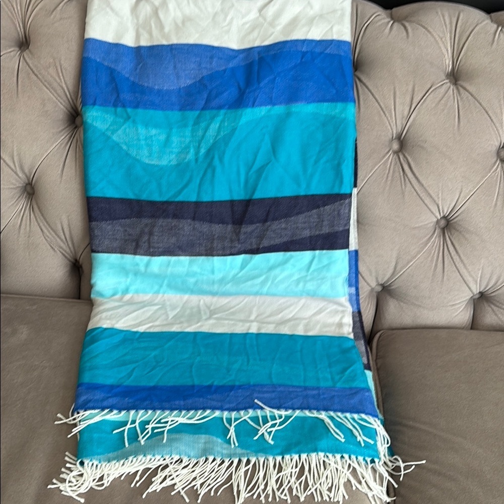 Fraas Blue and White Striped Blanket with Fringe NWT Cashmink